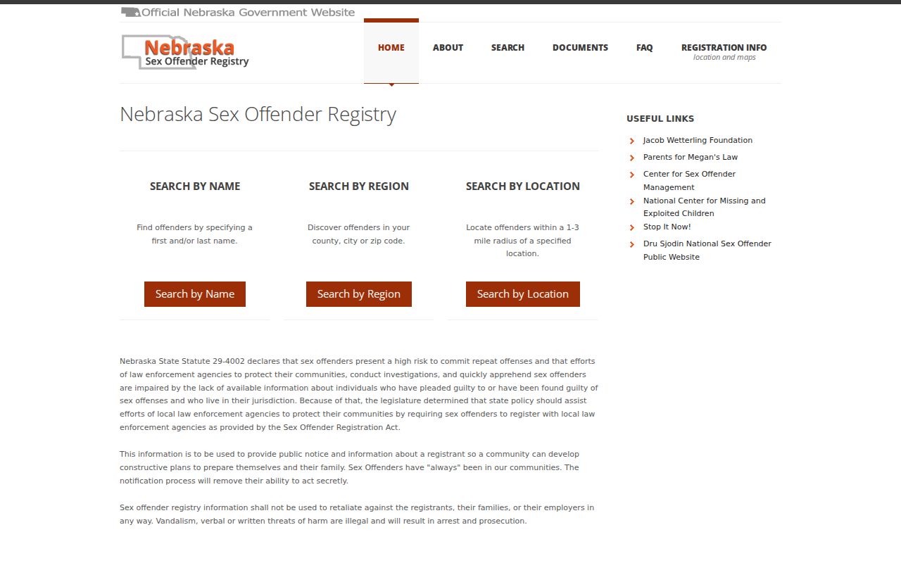 Knox County sex offender search on the Nebraska registry landing page