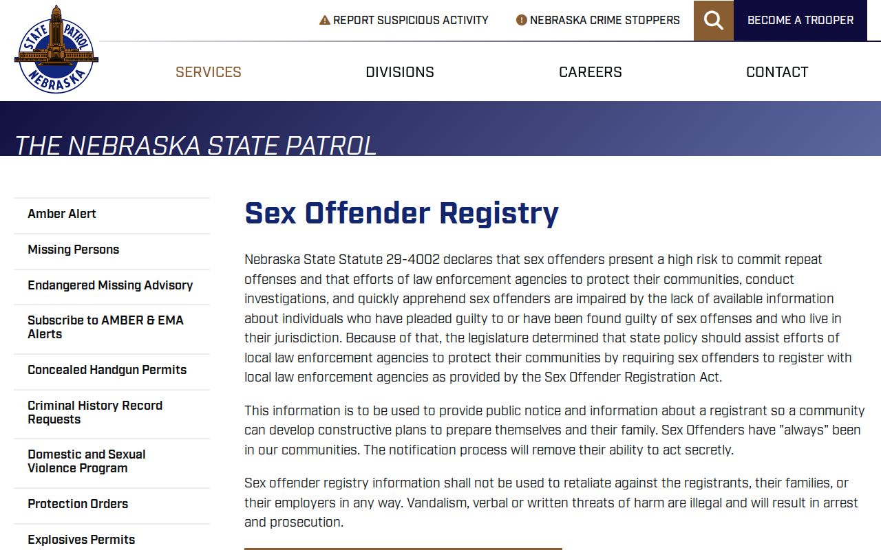 Nebraska State Patrol guidance for Knox County sex offender registry searches